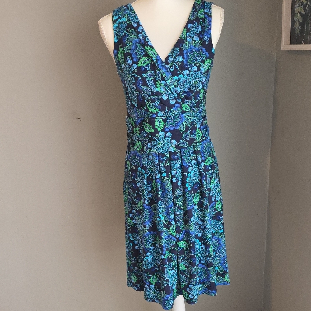 Talbots Dresd Blue and Green Sleeveless V-Neck Dress Size 6
